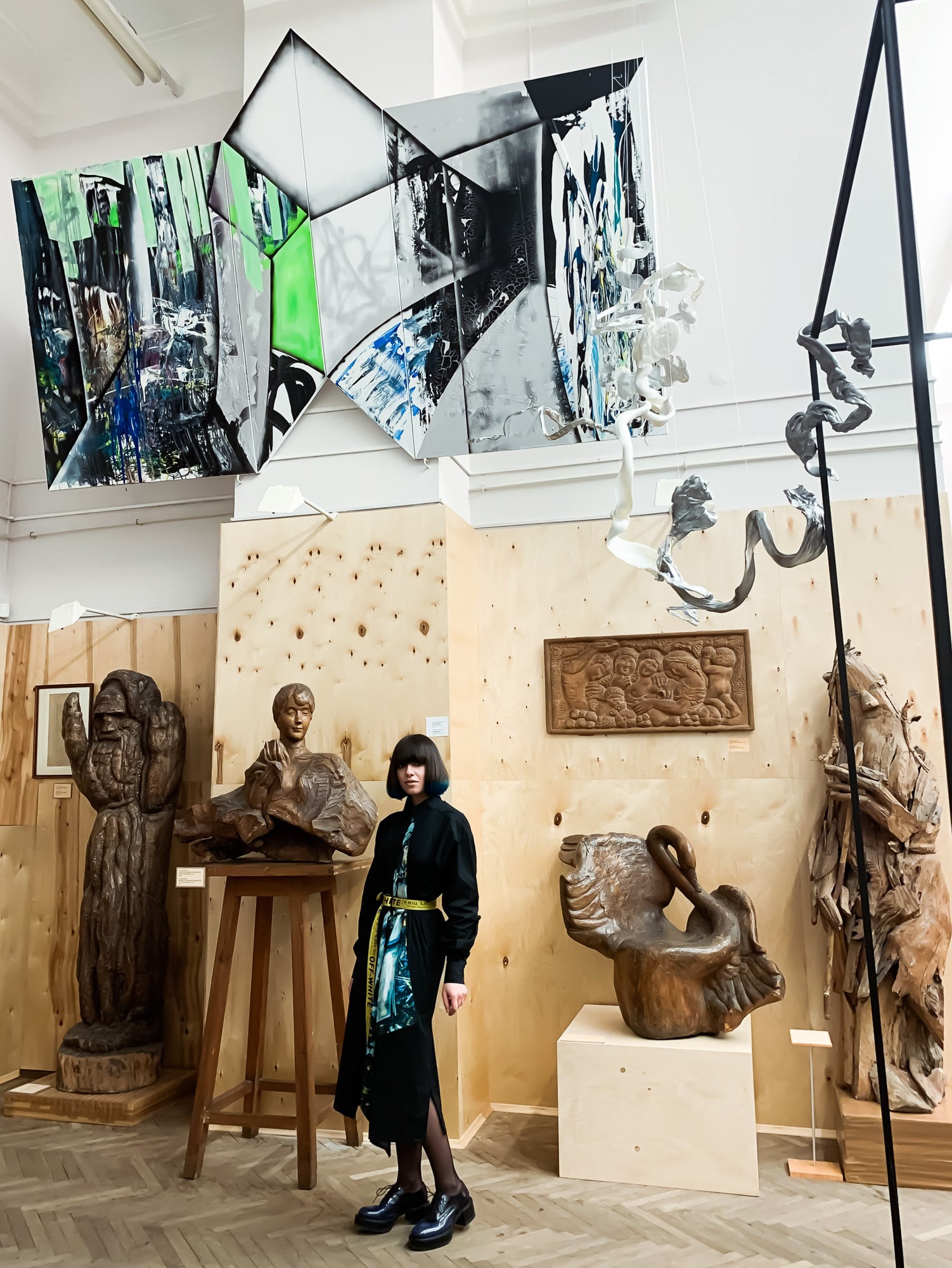 Intersections, installation, view, 160x360cm, oil, acrylic on canvas, plastic, 2019