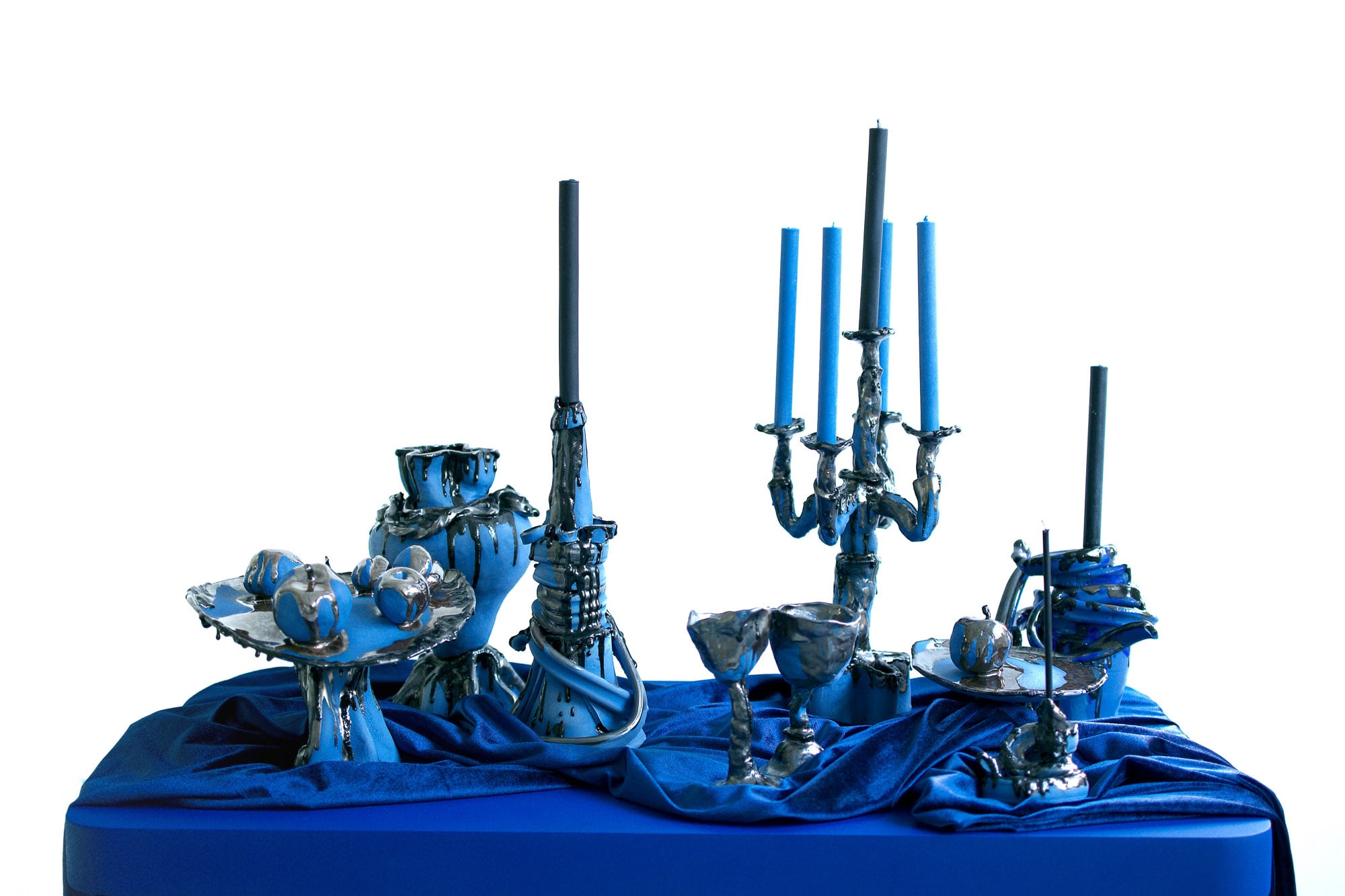 Longing for Eternity, ceramics, vintage table, blue velvet, 2025